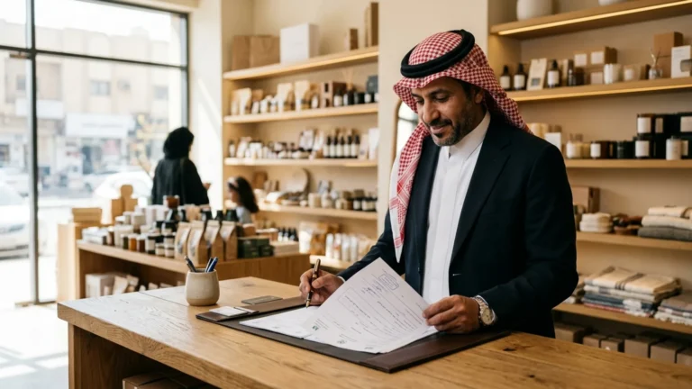 Business owner reviewing company registration papers in a Riyadh shop